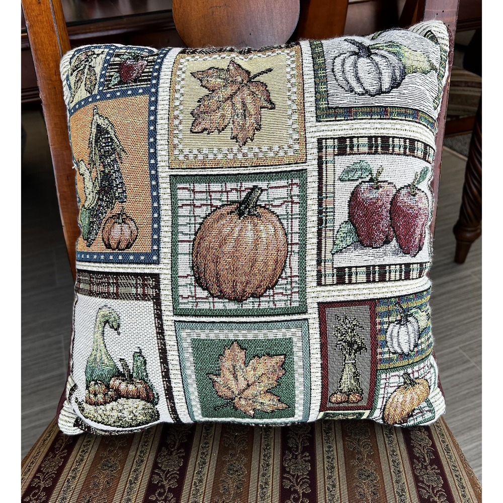 Fall Autumn Needlepoint Pillow Pumpkins Apples Leaves Thanksgiving Decor 16x16